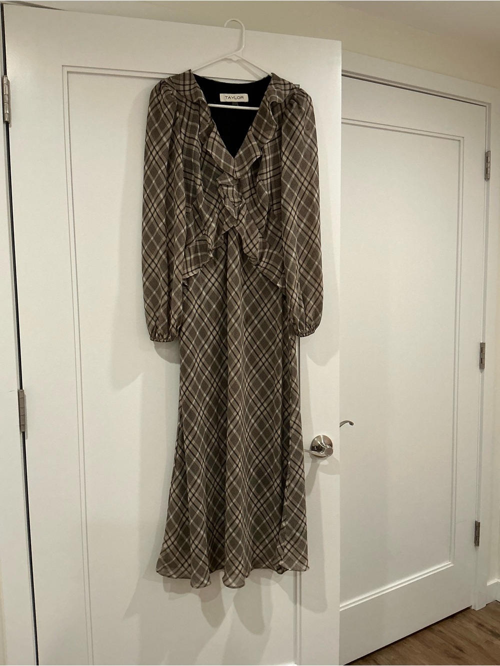 Taylor Olive Plaid Long Sleeve Ruffle Midi Dress with Taupe Accents